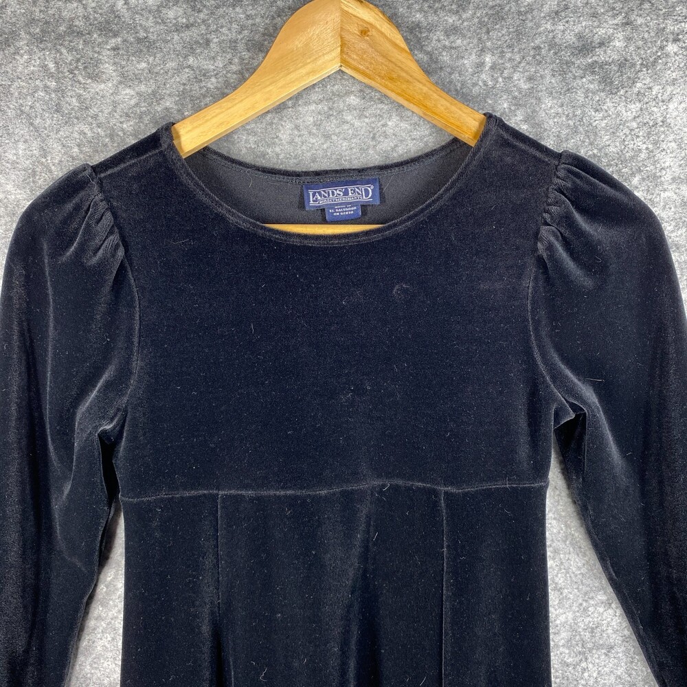 Lands End Dress Girls 7 Black Velvet Long Puff Sleeve A line Midi Soft Stretch